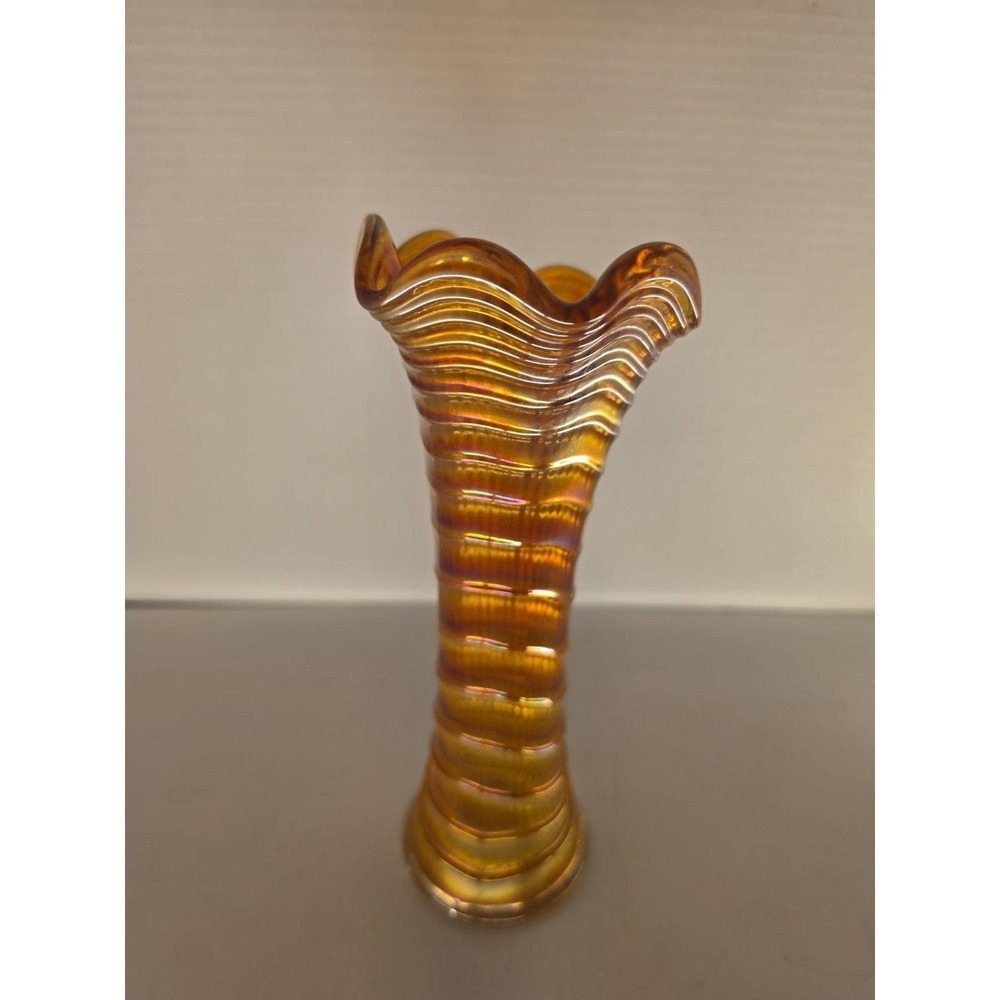 Imperial Glass Ripple Marigold Carnival Glass Swung Vase 9.5" Ruffled Rim - Picture 5 of 8
